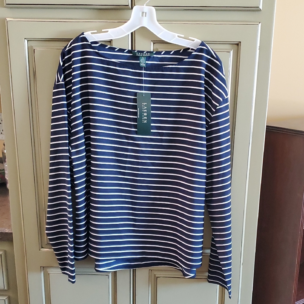 Lauren Blue and White Striped Long Sleeve Top